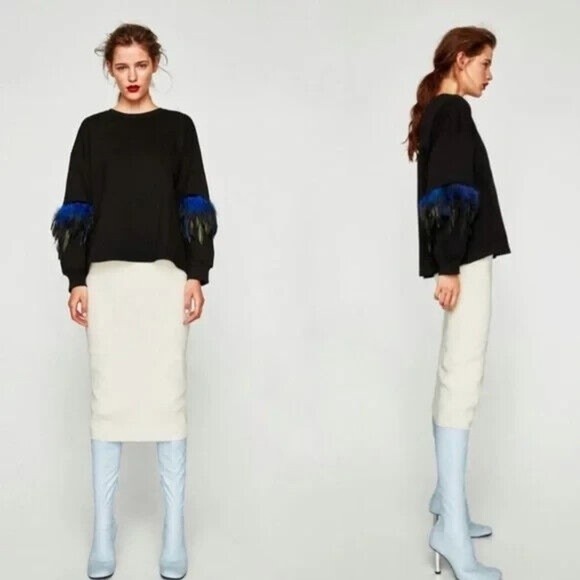 Zara Trafaluc Small Feather-Accent Sweater Black Blue  Oversized Balloon Sleeve - Picture 3 of 16